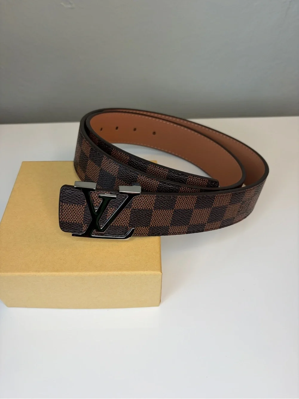 Mens Brown Checkered Genuine Leather Belt Fits Waist 34-36